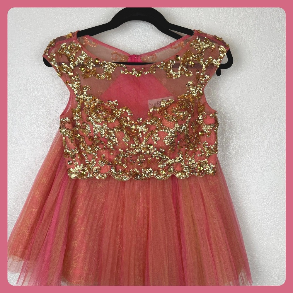 Sherri Hill Sequin Embellished Tulle Party Dress‎ Girls Pink Gold Cap Sleeve